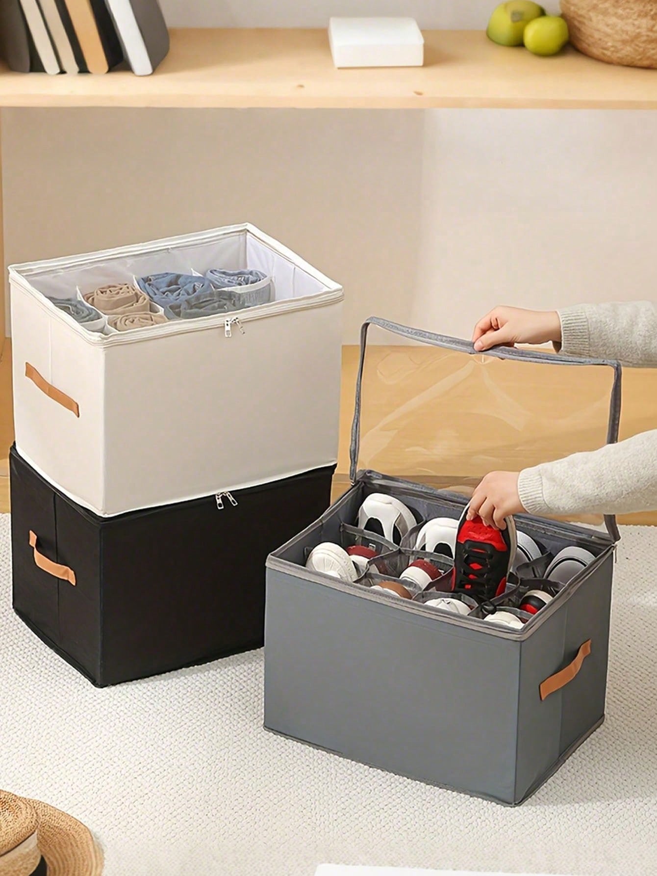 Foldable Fabric Shoe Box, Holds Up To 12 Or 16 Pairs Of Shoes, Large Capacity Fabric Shoe Box With Lid, Adjustable Dividers, Transparent Cover, Waterproof And Dustproof, Foldable Storage, Multi-Functional All-In-One Design, Suitable For Home, School, Dorm