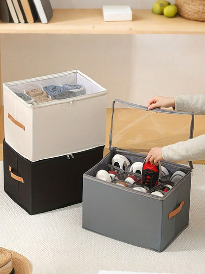 Foldable Fabric Shoe Box, Holds Up To 12 Or 16 Pairs Of Shoes, Large Capacity Fabric Shoe Box With Lid, Adjustable Dividers, Transparent Cover, Waterproof And Dustproof, Foldable Storage, Multi-Functional All-In-One Design, Suitable For Home, School, Dorm