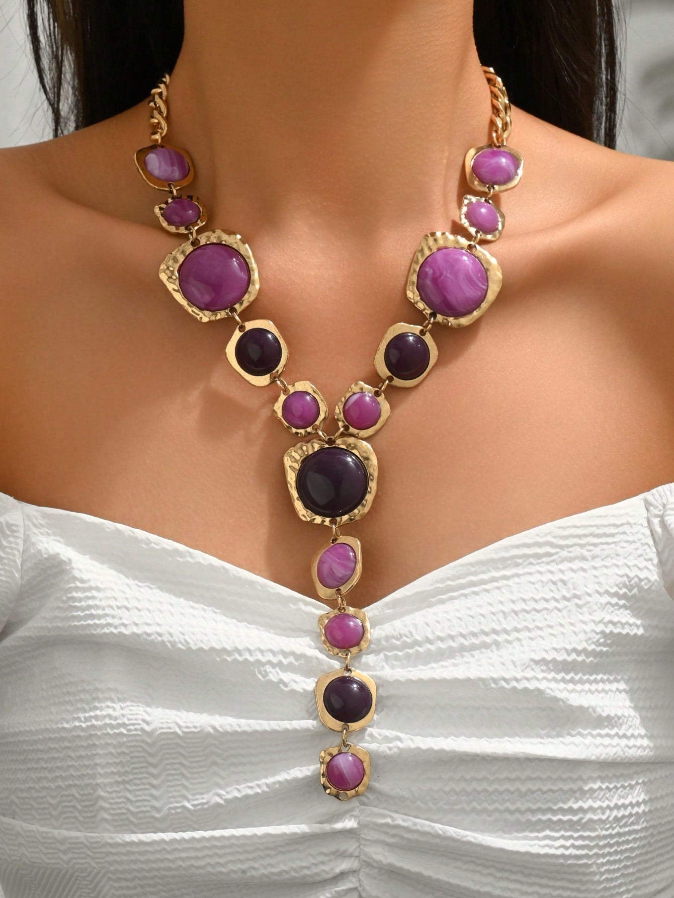 Vintage Geometric Faux Gemstone Y-Shaped Tassel Necklace | MIRA