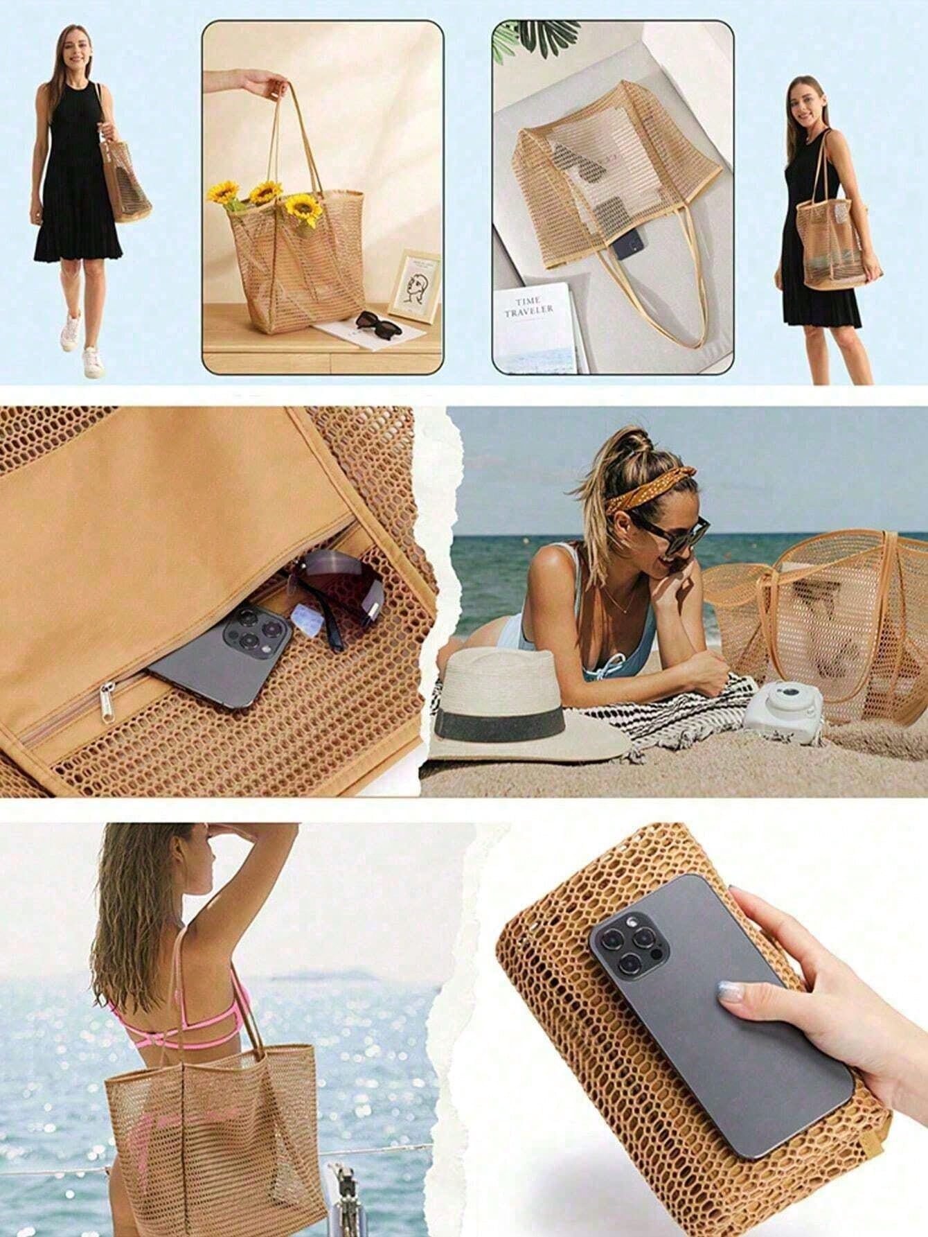 1pc Mesh Beach Tote Bag, Outdoor Activity Travel Organizer, Makeup, Cosmetic, Vacation Organizer, Large Capacity Cosmetic Organizer Makeup Case, Lipstick, Brush, Skincare, Phone, Coins, Small Items, Home, Gift, Holiday And Halloween Christmas Multipurpose