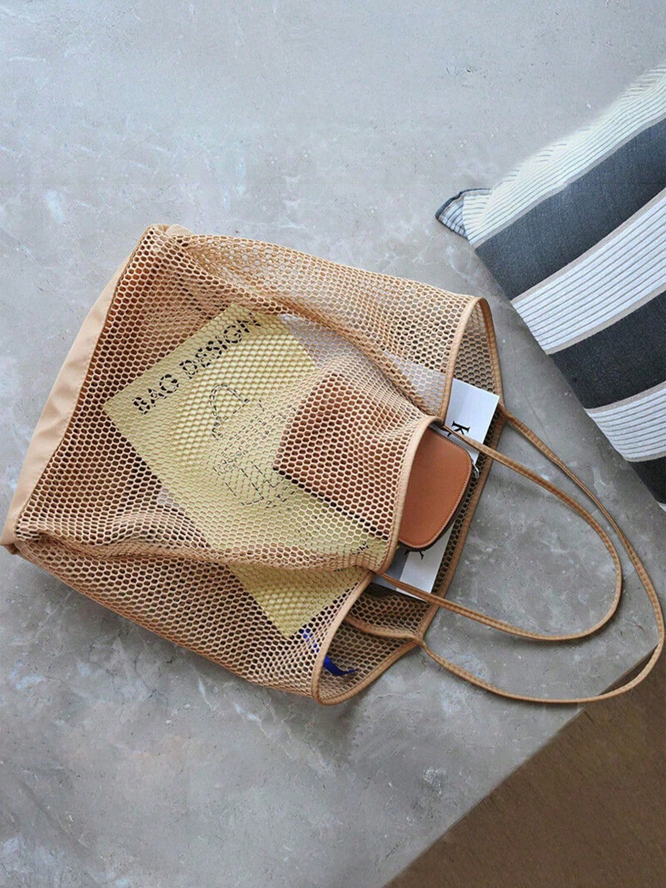 1pc Mesh Beach Tote Bag, Outdoor Activity Travel Organizer, Makeup, Cosmetic, Vacation Organizer, Large Capacity Cosmetic Organizer Makeup Case, Lipstick, Brush, Skincare, Phone, Coins, Small Items, Home, Gift, Holiday And Halloween Christmas Multipurpose