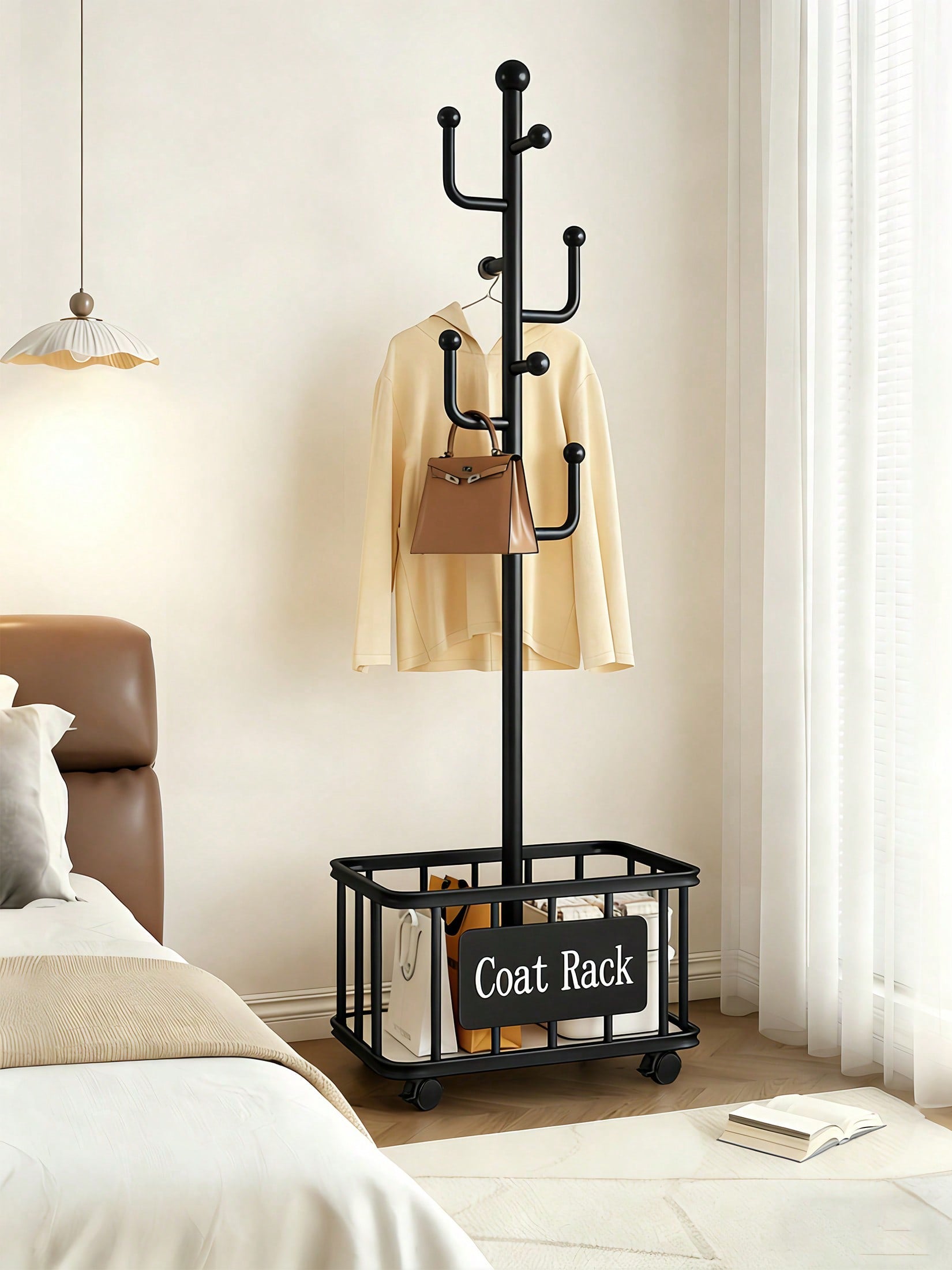 Freestanding Coat Rack with Storage Basket – Black, White & Gold | MIRA