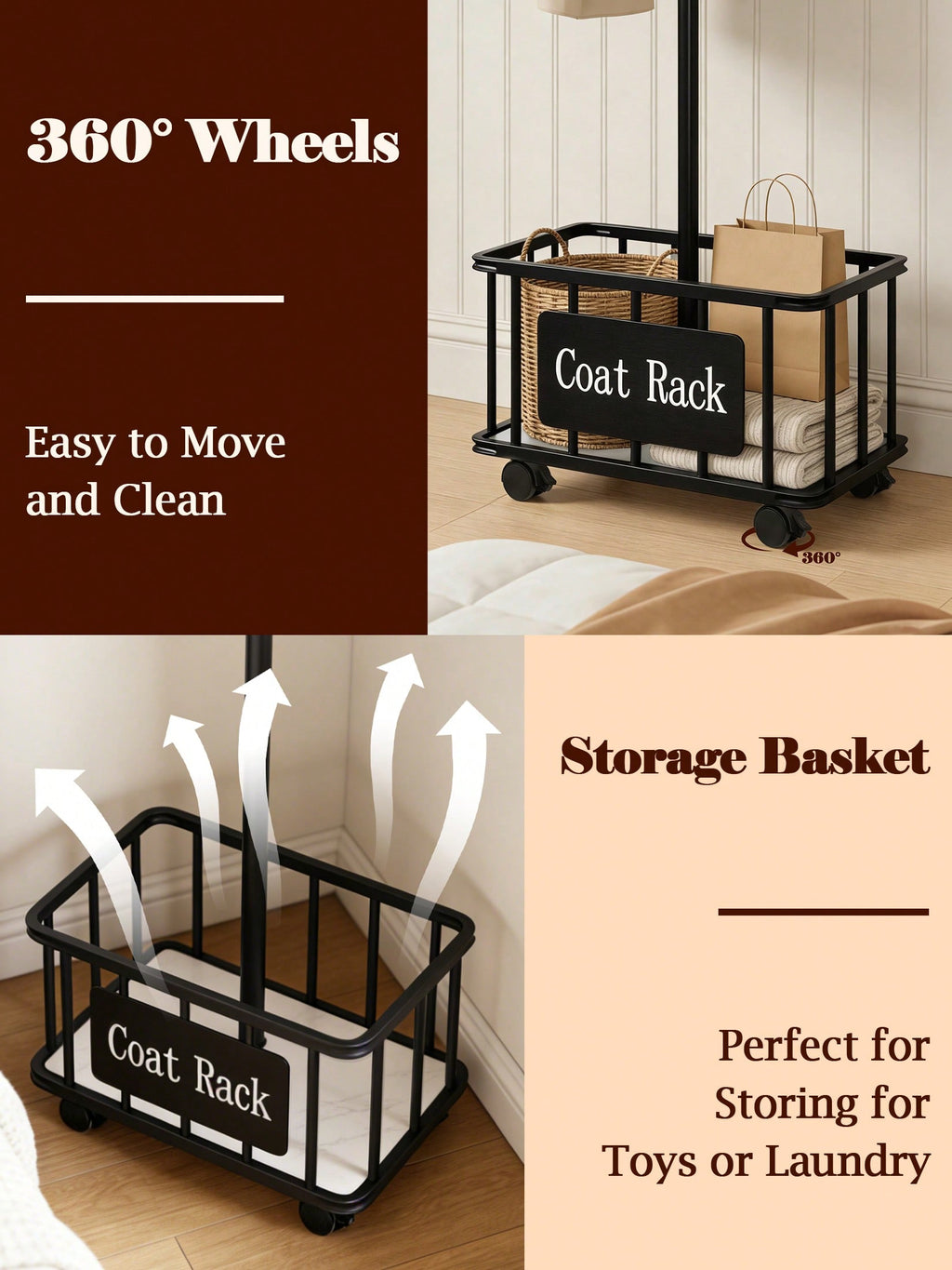 Freestanding Coat Rack with Storage Basket – Black, White & Gold | MIRA