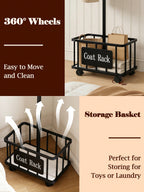Freestanding Coat Rack with Storage Basket – Black, White & Gold | MIRA