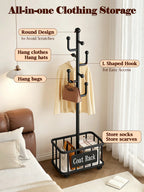 Freestanding Coat Rack with Storage Basket – Black, White & Gold | MIRA