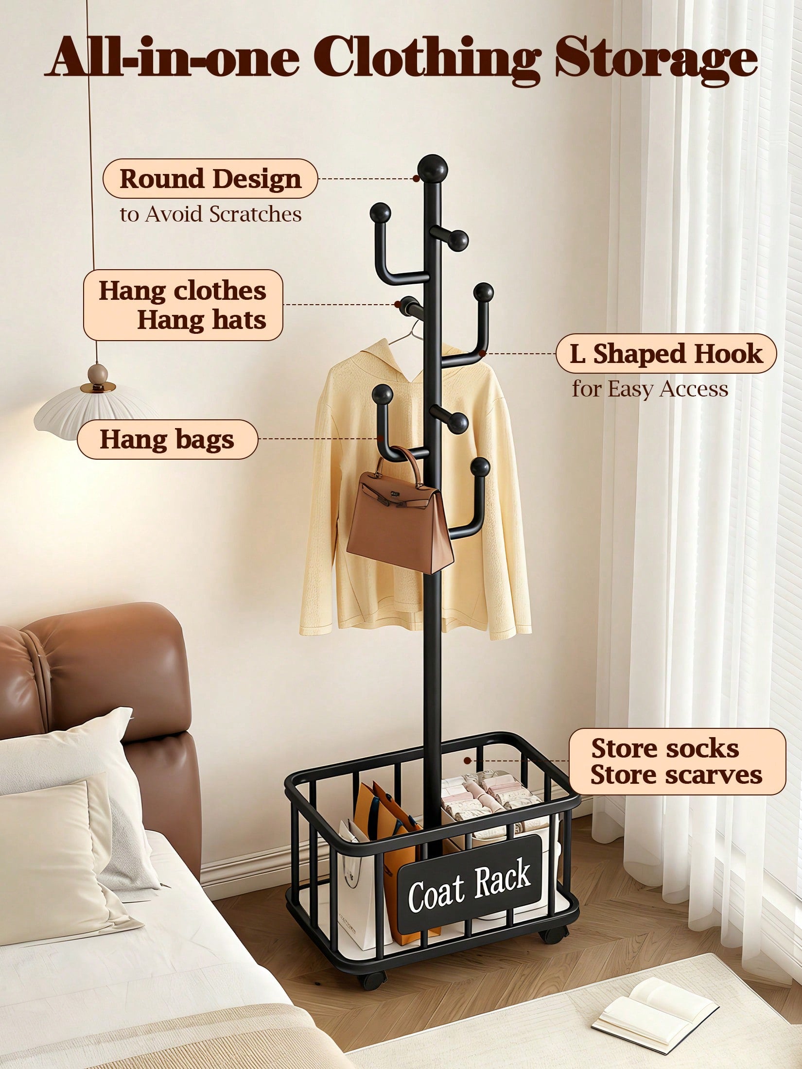 Freestanding Coat Rack with Storage Basket – Black, White & Gold | MIRA