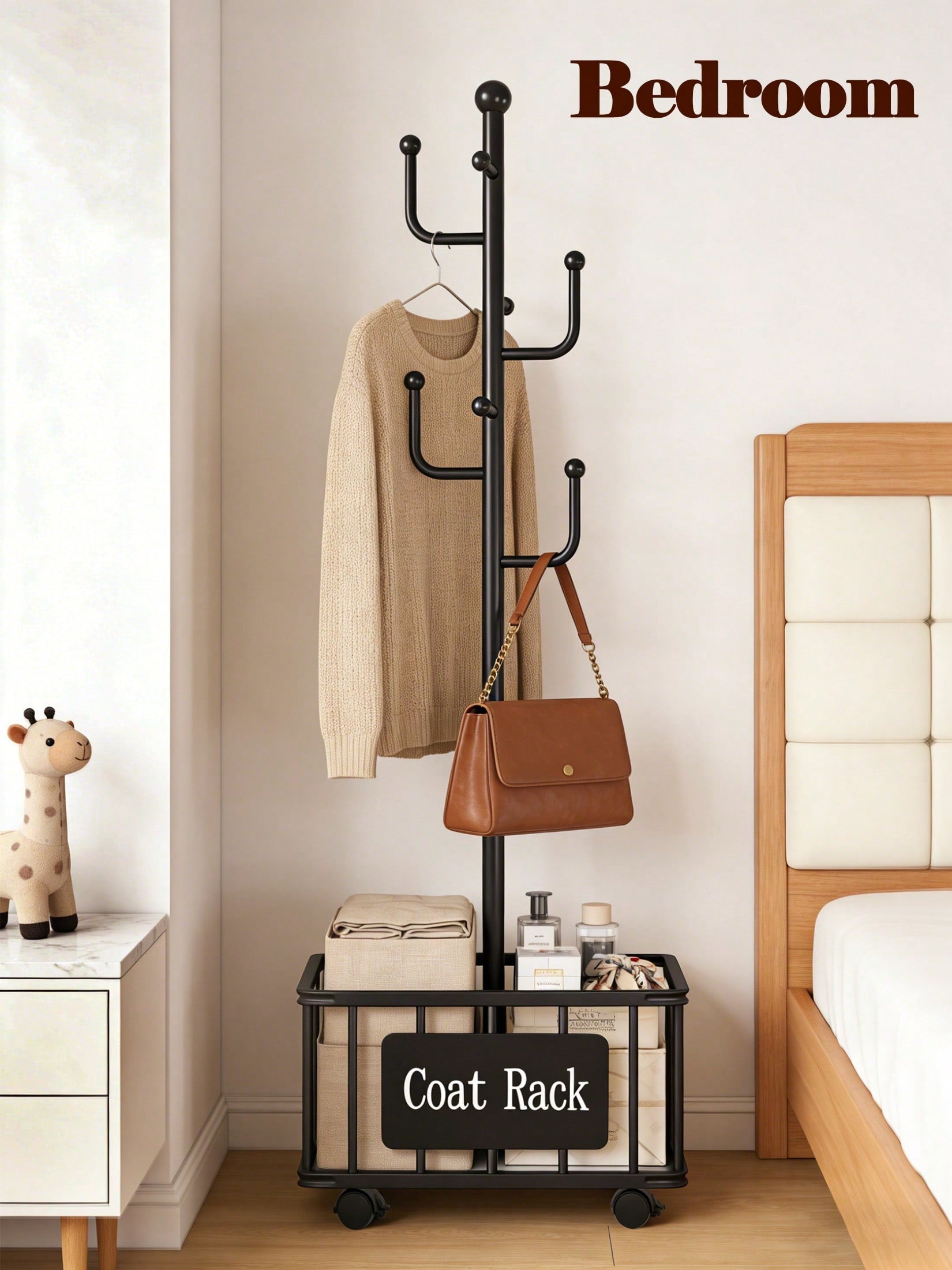 Freestanding Coat Rack with Storage Basket – Black, White & Gold | MIRA