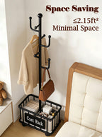Freestanding Coat Rack with Storage Basket – Black, White & Gold | MIRA