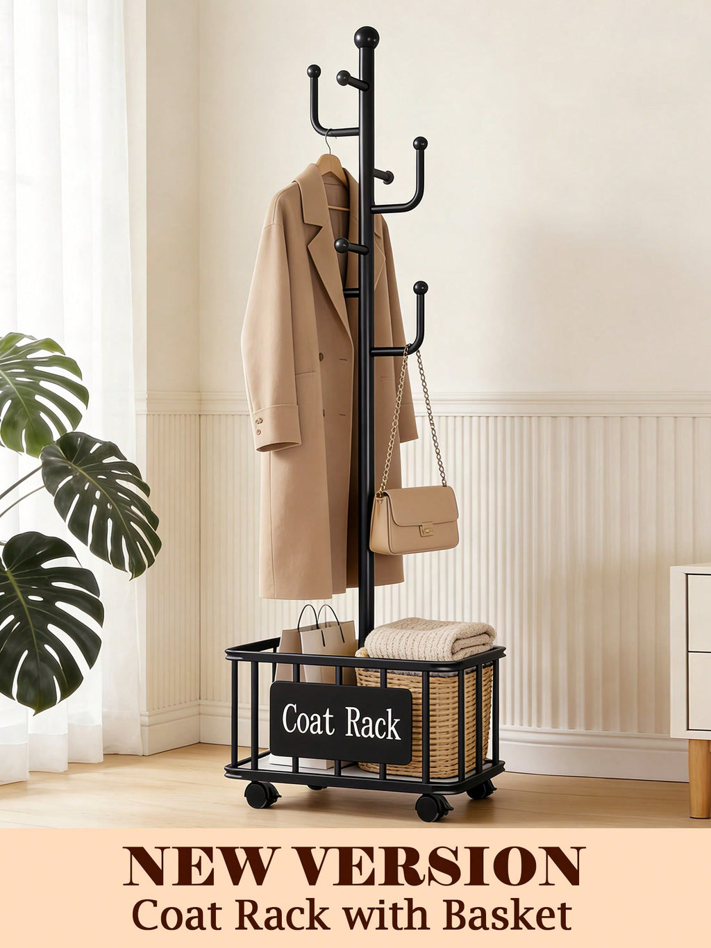 Freestanding Coat Rack with Storage Basket – Black, White & Gold | MIRA