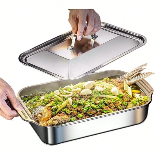 Heavy Duty Baking Pan, Large Rectangle Tray, 15x10 Inches Bakeware With Lid Handle, Oven Steel Dish With Ergonomic Design, Kitchen Bakeware For Cake Bread Cookie Lasagna.