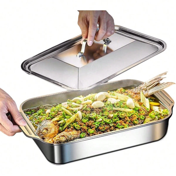 Heavy Duty Baking Pan, Large Rectangle Tray, 15x10 Inches Bakeware With Lid Handle, Oven Steel Dish With Ergonomic Design, Kitchen Bakeware For Cake Bread Cookie Lasagna.