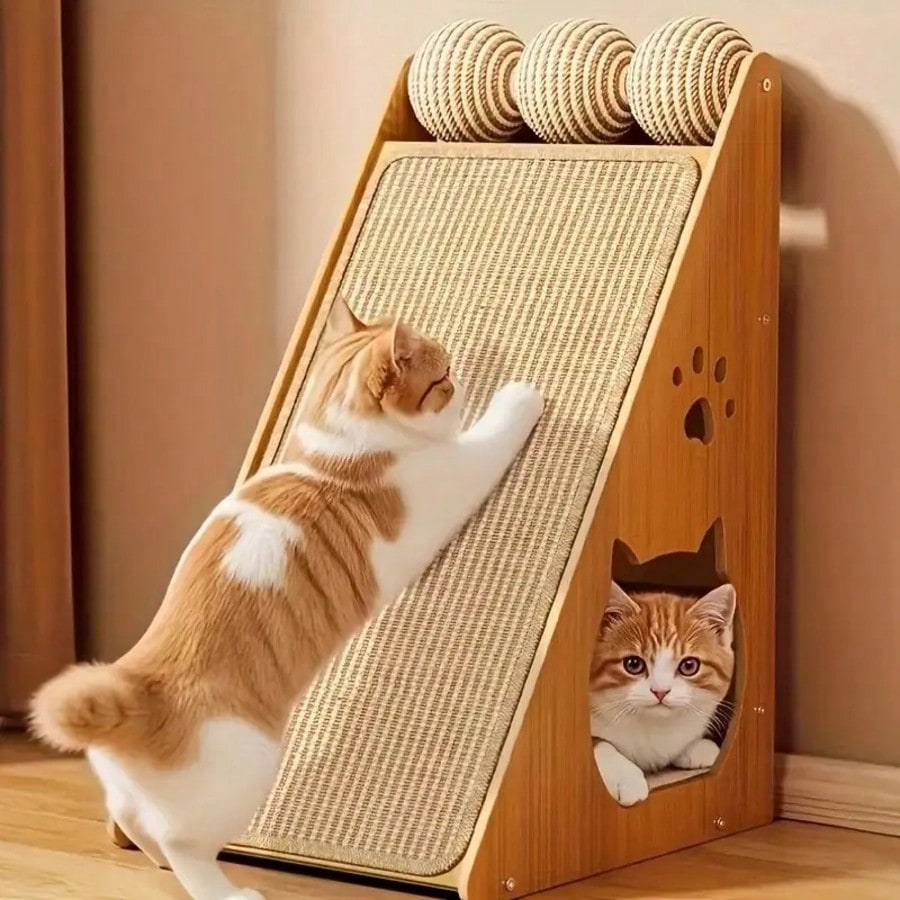1pc Sturdy Vertical Woven Cat Scratching Post With Non-Slip Base, Space-Saving Design Compatible With Hanging Toys, Woven Rope Material, Modern Pet-Friendly Home Decor, Beige Woven Pattern, Durable Multi-Functional Cat Furniture For Sofa, Chair, Door Prot