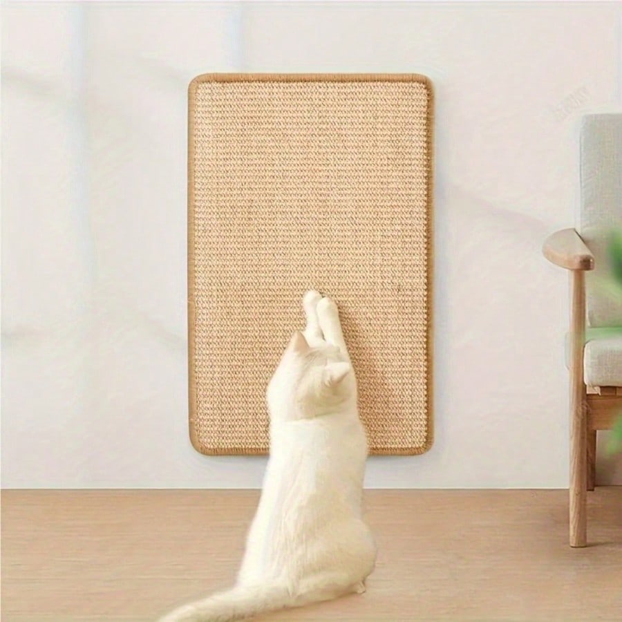 1pc Sturdy Vertical Woven Cat Scratching Post With Non-Slip Base, Space-Saving Design Compatible With Hanging Toys, Woven Rope Material, Modern Pet-Friendly Home Decor, Beige Woven Pattern, Durable Multi-Functional Cat Furniture For Sofa, Chair, Door Prot