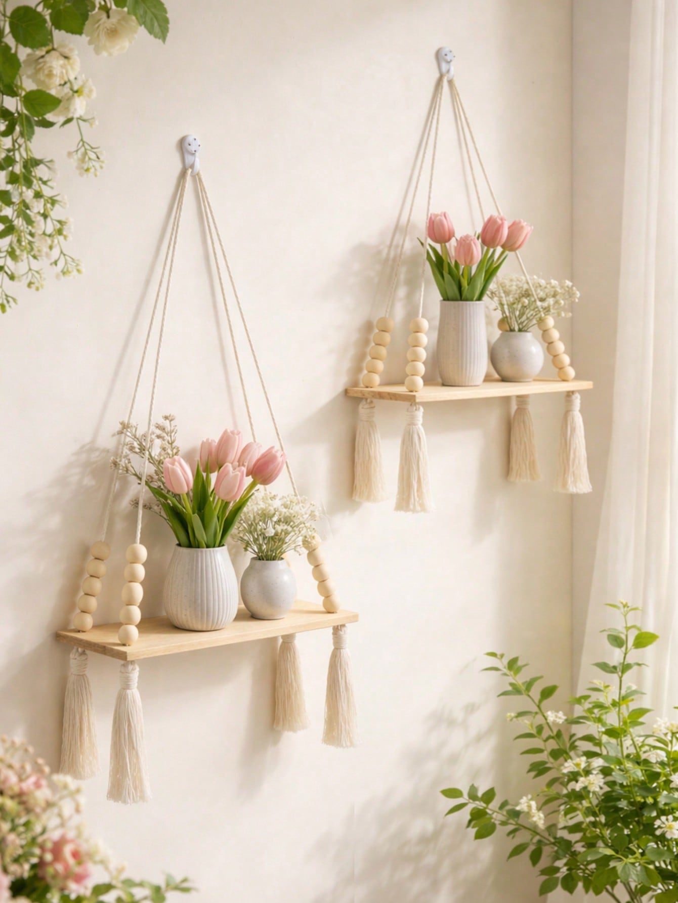 Boho Wooden Bead Woven Hanging Shelf | Wall Planter Rack | MIRA
