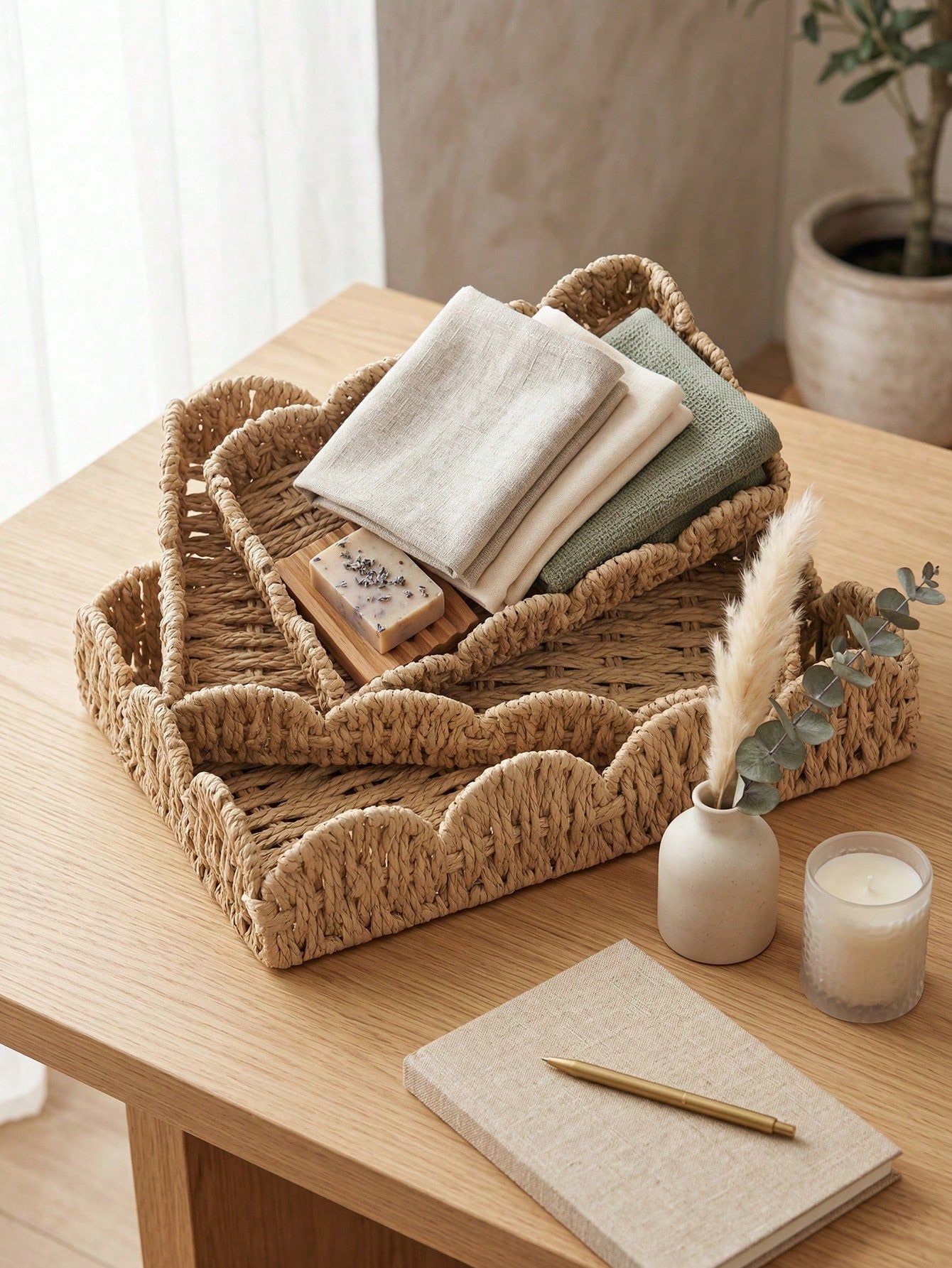 Hand-Woven Water Hyacinth Wicker Basket | Boho Storage Tray | MIRA