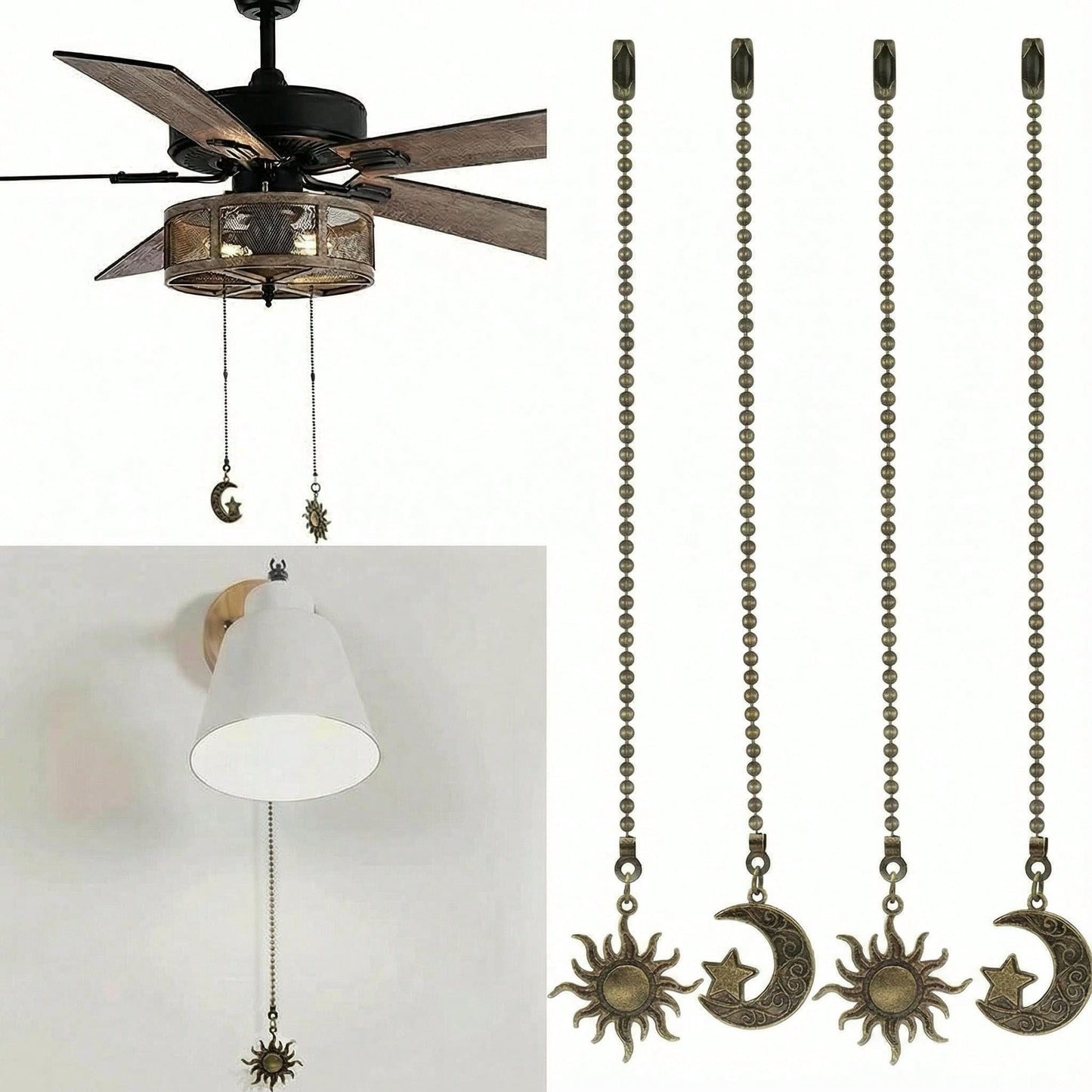 4pcs Sun & Moon Ceiling Fan Pull Chain Decorative Totem Bohemian Style Pull Chain Pendant Extension 12 Inch Lighting Ceiling Fan Beads Ball Ceiling Fan Pull Chain Extension Decorative Ornament With Connector