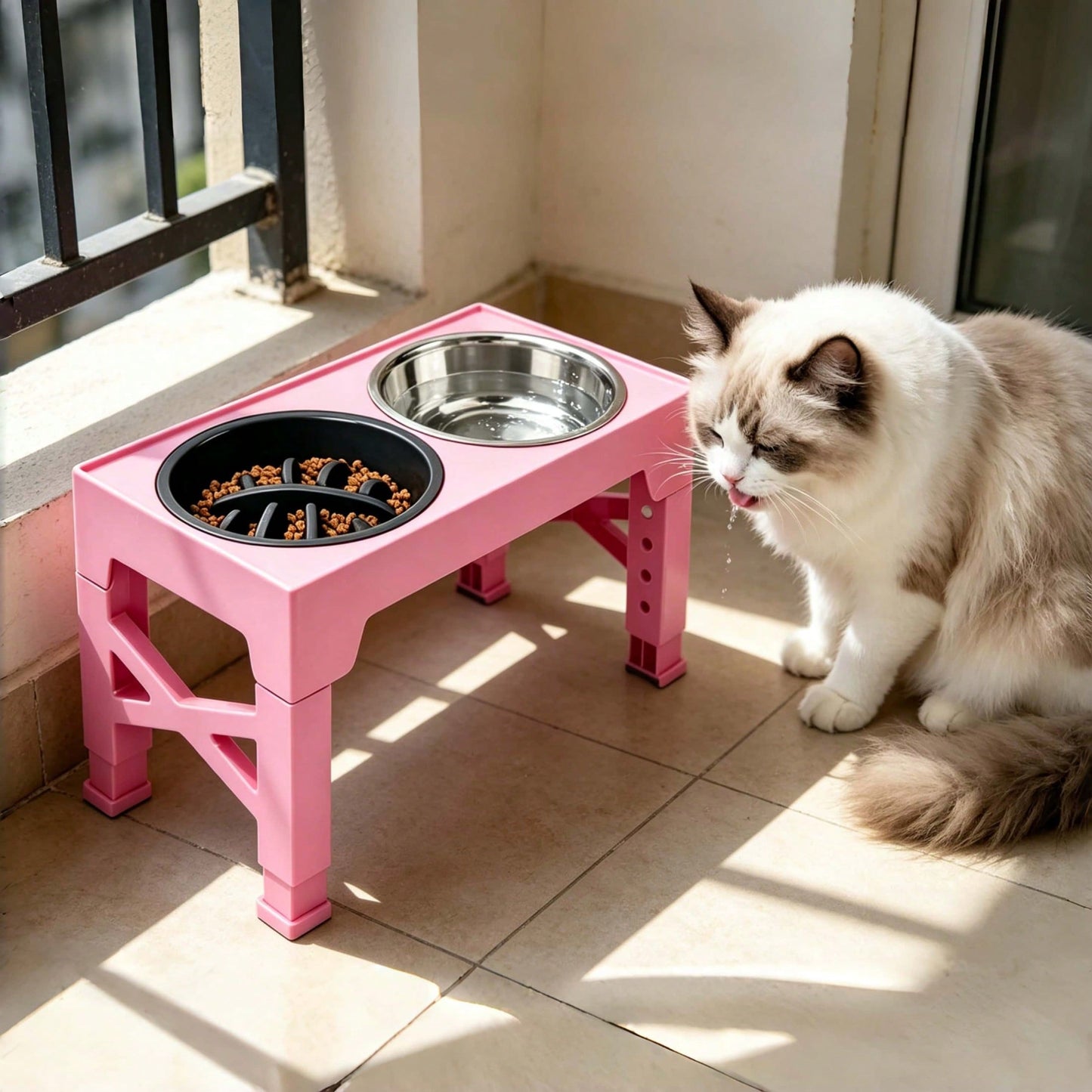 Adjustable Height Pet Elevated Dog Bowl With 5 Adjustable Height Settings. Comes With 2 Stainless Steel Dog Water Bowls And 1 Slow-Feed Dog Bowl. Adjustable Elevated Dog Bowl Stand. Suitable For Small, Medium And Large Dogs.