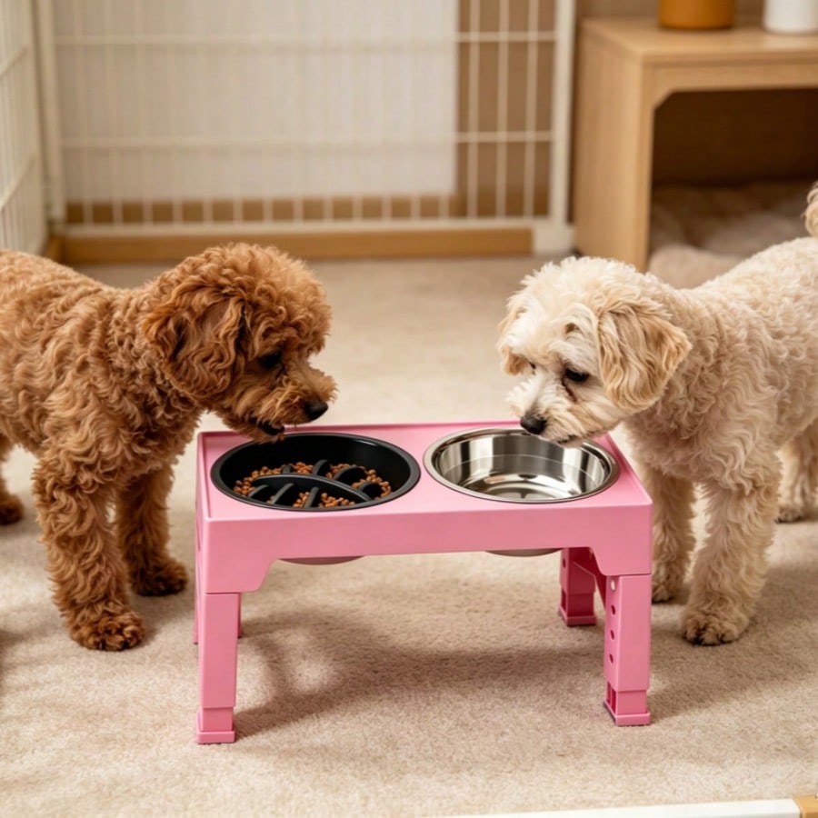 Adjustable Height Pet Elevated Dog Bowl With 5 Adjustable Height Settings. Comes With 2 Stainless Steel Dog Water Bowls And 1 Slow-Feed Dog Bowl. Adjustable Elevated Dog Bowl Stand. Suitable For Small, Medium And Large Dogs.