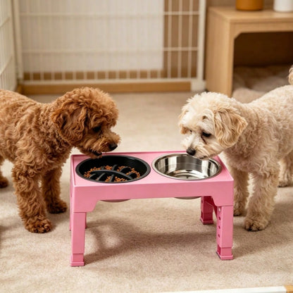 Adjustable Height Pet Elevated Dog Bowl With 5 Adjustable Height Settings. Comes With 2 Stainless Steel Dog Water Bowls And 1 Slow-Feed Dog Bowl. Adjustable Elevated Dog Bowl Stand. Suitable For Small, Medium And Large Dogs.