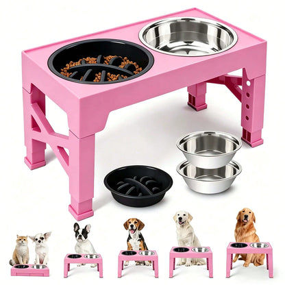 Adjustable Height Pet Elevated Dog Bowl With 5 Adjustable Height Settings. Comes With 2 Stainless Steel Dog Water Bowls And 1 Slow-Feed Dog Bowl. Adjustable Elevated Dog Bowl Stand. Suitable For Small, Medium And Large Dogs.