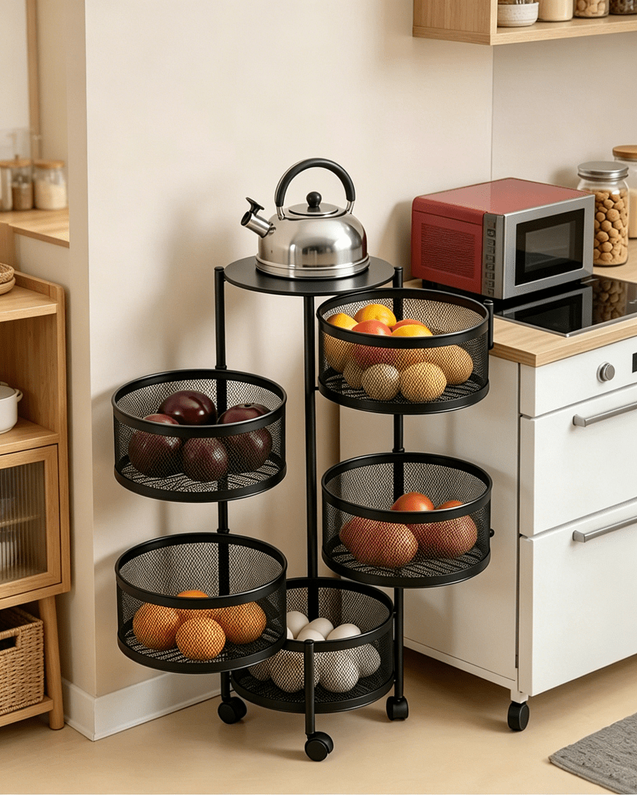 5-Tier Rotating Rolling Storage Cart – Metal Mesh Organizer | MIRA