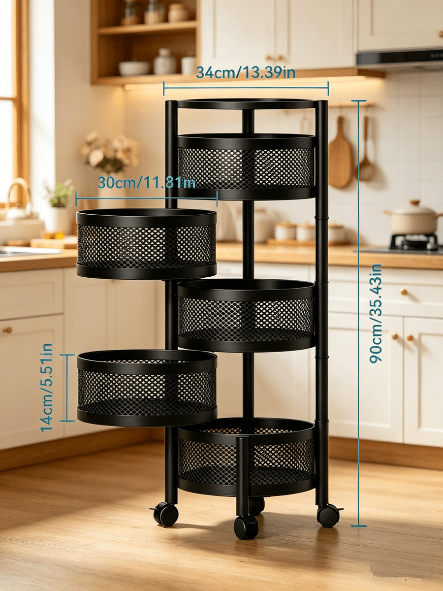 5-Tier Rotating Rolling Storage Cart – Metal Mesh Organizer | MIRA