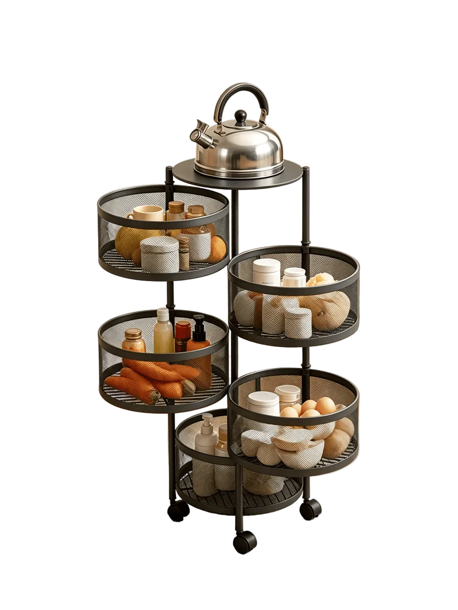 5-Tier Rotating Rolling Storage Cart – Metal Mesh Organizer | MIRA