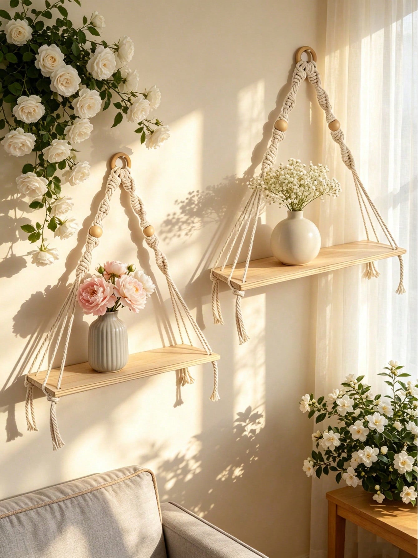 Boho Wooden Bead Woven Hanging Shelf | Wall Planter Rack | MIRA