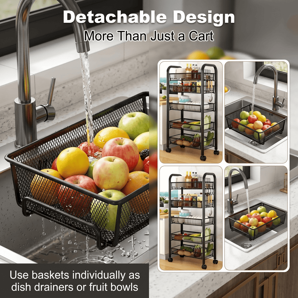 Mesh Wire Rolling Cart 3-5 Tier – Metal Basket Organizer with Hooks | MIRA