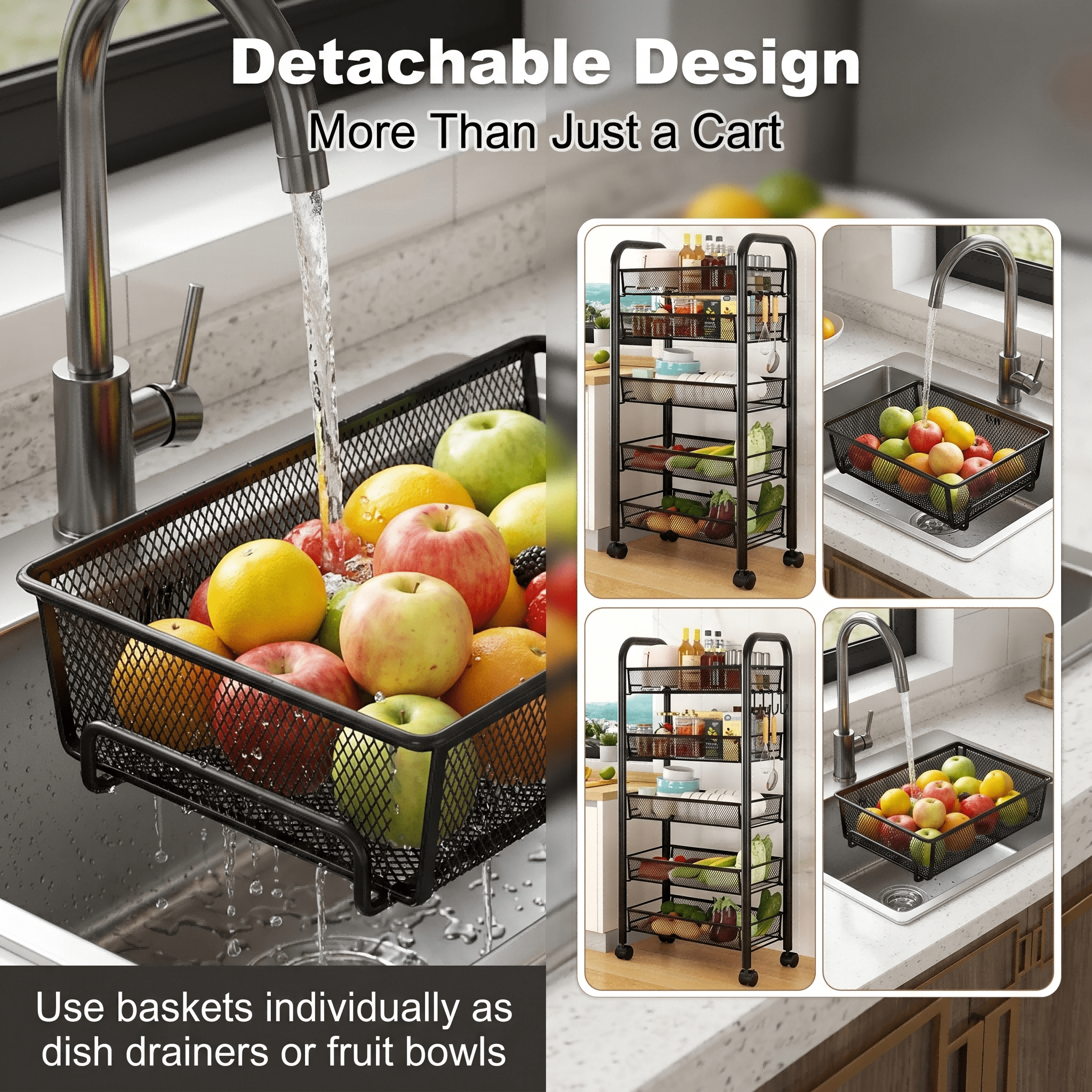 Mesh Wire Rolling Cart 3-5 Tier – Metal Basket Organizer with Hooks | MIRA