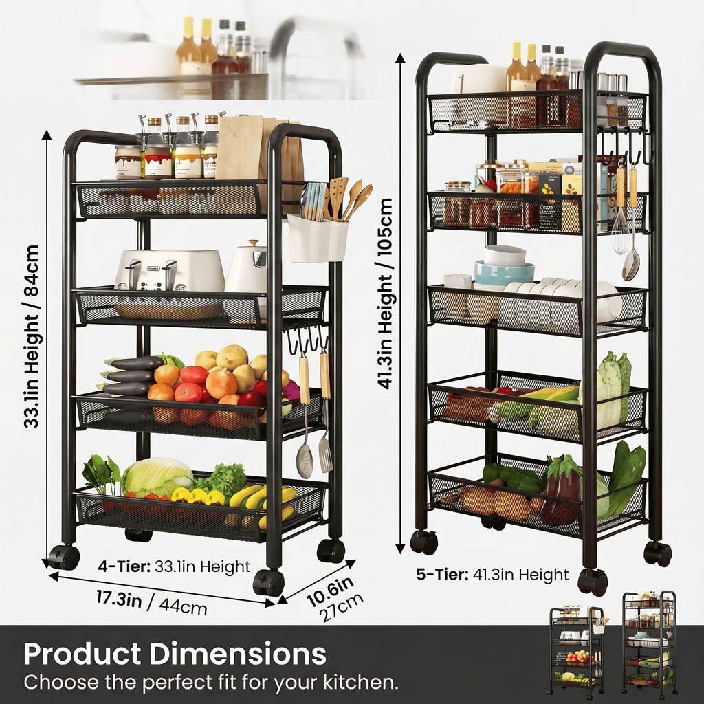 Mesh Wire Rolling Cart 3-5 Tier – Metal Basket Organizer with Hooks | MIRA