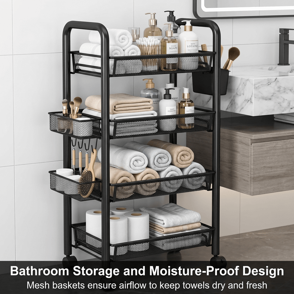 Mesh Wire Rolling Cart 3-5 Tier – Metal Basket Organizer with Hooks | MIRA