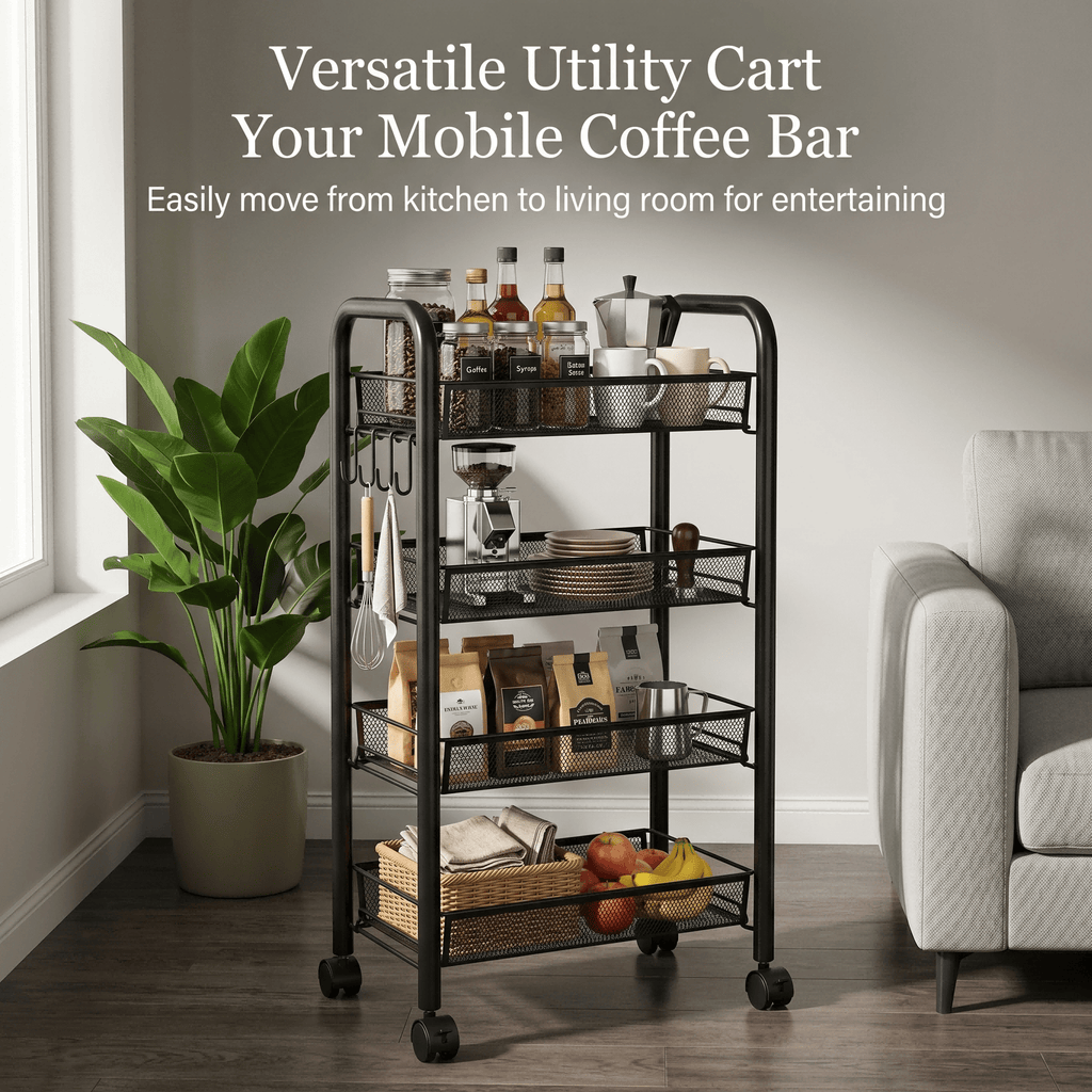 Mesh Wire Rolling Cart 3-5 Tier – Metal Basket Organizer with Hooks | MIRA