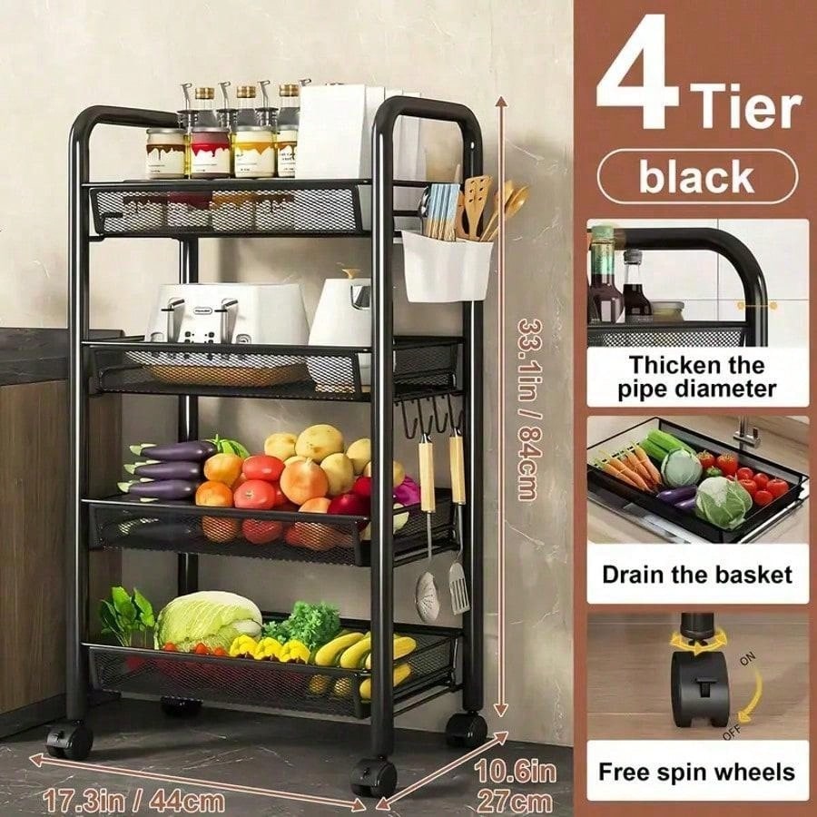Mesh Wire Rolling Cart 3-5 Tier – Metal Basket Organizer with Hooks | MIRA