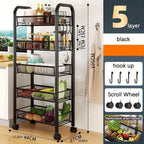 Mesh Wire Rolling Cart 3-5 Tier – Metal Basket Organizer with Hooks | MIRA