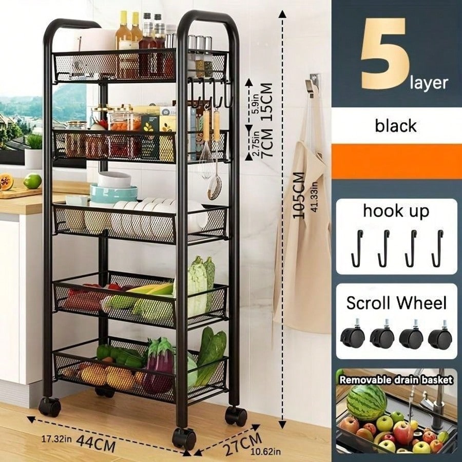 Mesh Wire Rolling Cart 3-5 Tier – Metal Basket Organizer with Hooks | MIRA