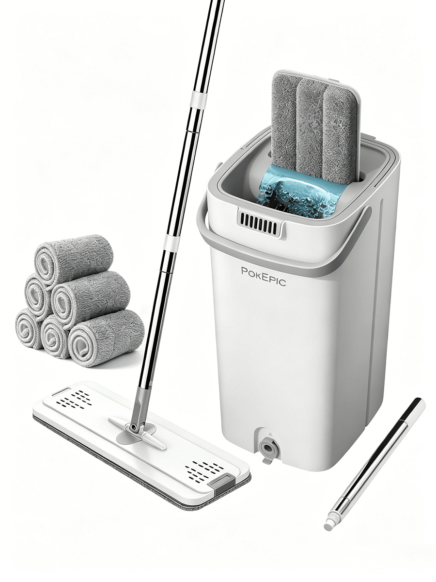 PokEpic Mop And Bucket With Wringer Set, Flat Floor Cleaning Mop System With 6 Reusable Microfiber Pads, Wet & Dry Household Cleaning Tool For Home Essentials, Durable Floor Mop For Kitchen Bathroom