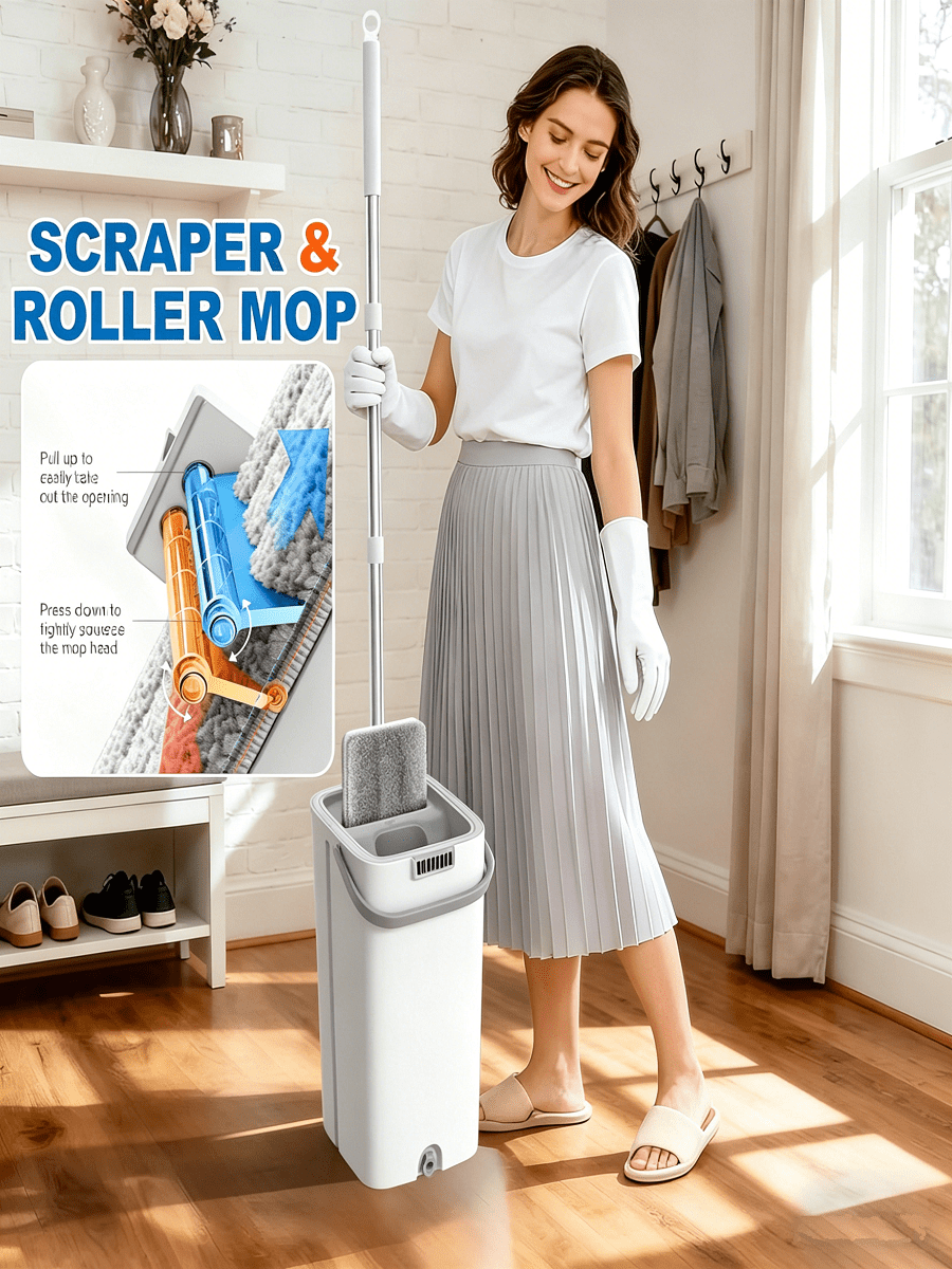 PokEpic Mop And Bucket With Wringer Set, Flat Floor Cleaning Mop System With 6 Reusable Microfiber Pads, Wet & Dry Household Cleaning Tool For Home Essentials, Durable Floor Mop For Kitchen Bathroom