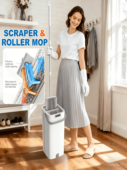 PokEpic Mop And Bucket With Wringer Set, Flat Floor Cleaning Mop System With 6 Reusable Microfiber Pads, Wet & Dry Household Cleaning Tool For Home Essentials, Durable Floor Mop For Kitchen Bathroom