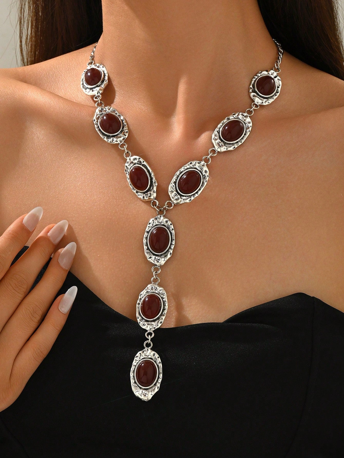 Vintage Geometric Faux Gemstone Y-Shaped Tassel Necklace | MIRA