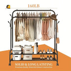Freestanding Double Rail Metal Clothes Rack with Shelves & Hooks | MIRA