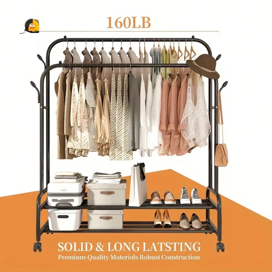 Freestanding Double Rail Metal Clothes Rack with Shelves & Hooks | MIRA