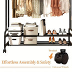 Freestanding Double Rail Metal Clothes Rack with Shelves & Hooks | MIRA