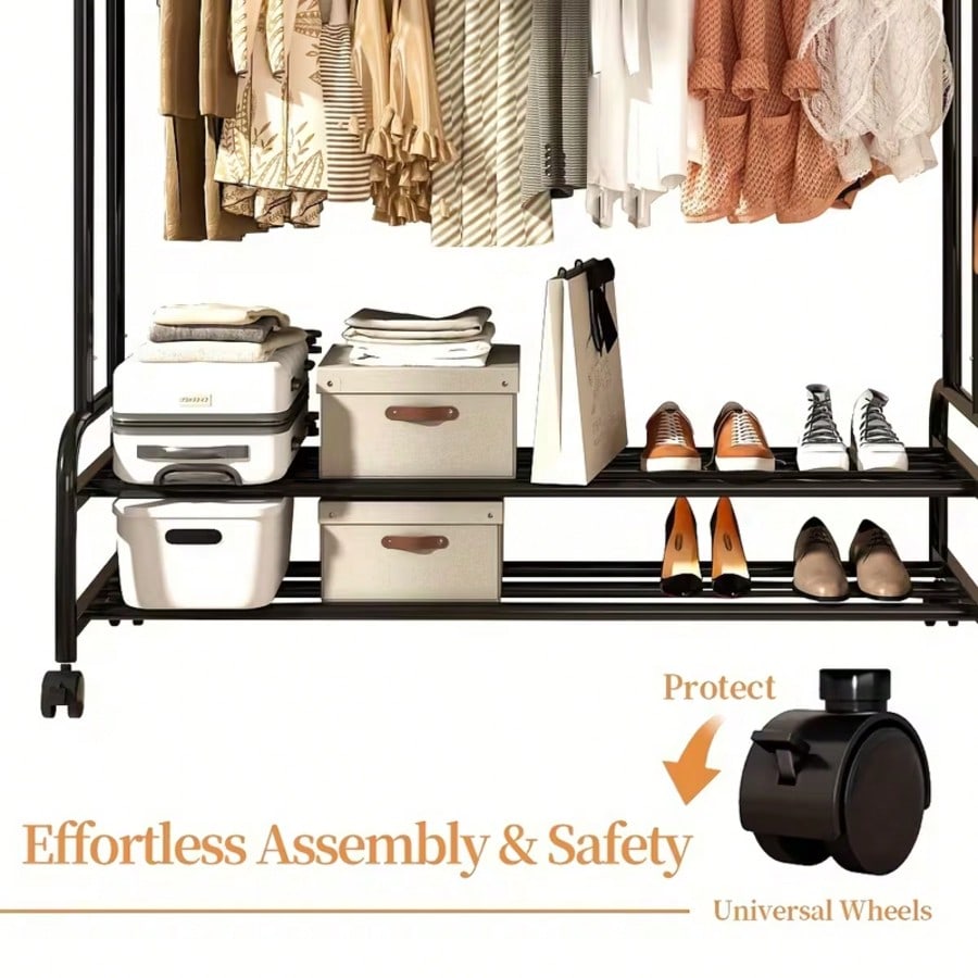 Freestanding Double Rail Metal Clothes Rack with Shelves & Hooks | MIRA