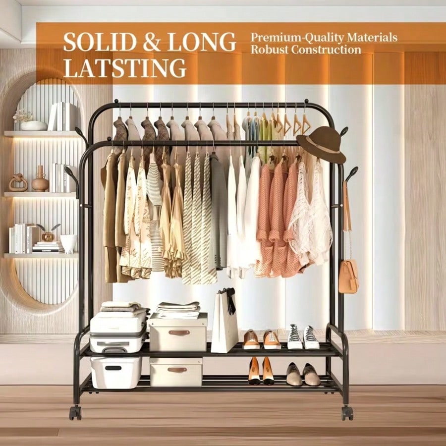 Freestanding Double Rail Metal Clothes Rack with Shelves & Hooks | MIRA
