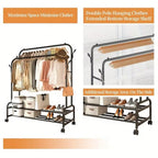 Freestanding Double Rail Metal Clothes Rack with Shelves & Hooks | MIRA