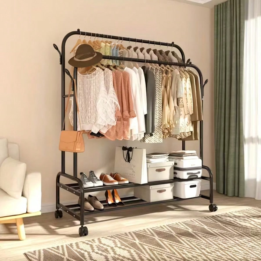 Freestanding Double Rail Metal Clothes Rack with Shelves & Hooks | MIRA