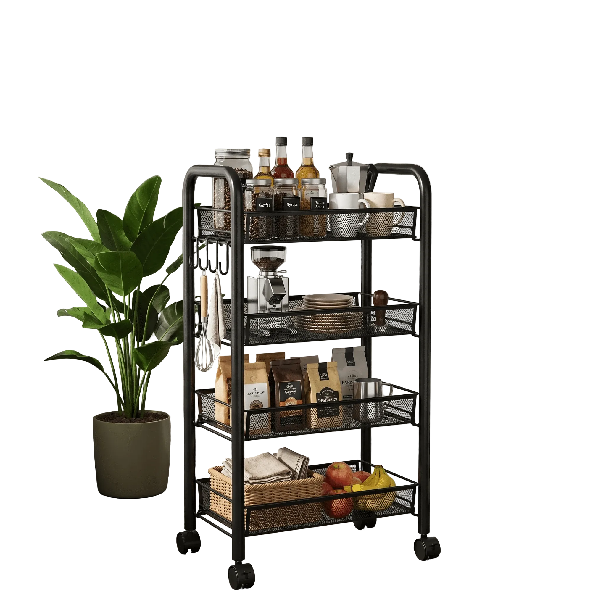Mesh Wire Rolling Cart 3-5 Tier – Metal Basket Organizer with Hooks | MIRA