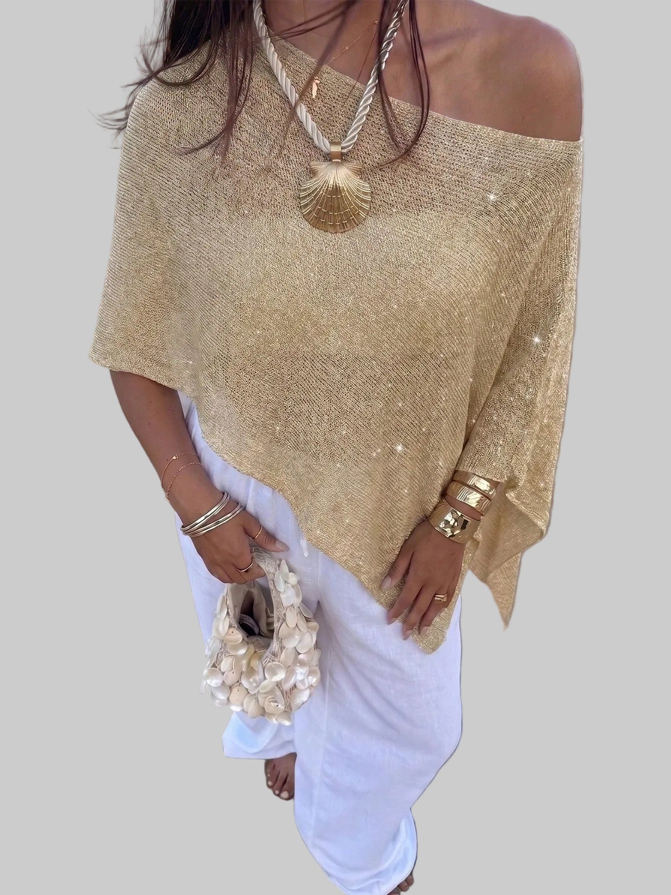 Women's Y2K Shiny Knit Batwing Sleeve Sweater – Beach Cover-Up | MIRA