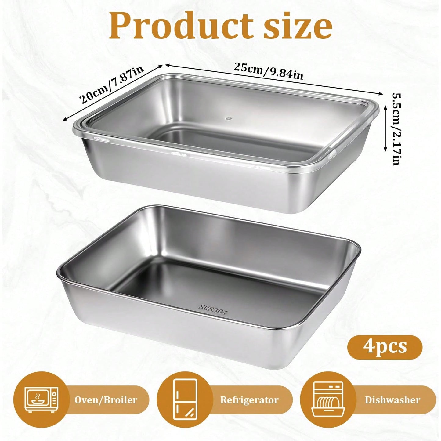 5Pcs Stainless Steel Storage Containers, Kitchen Trays, Serving Platters, And Lidded Storage Containers; Reusable Food Storage Containers Suitable For Travel And The Office; Dishwasher And Freezer